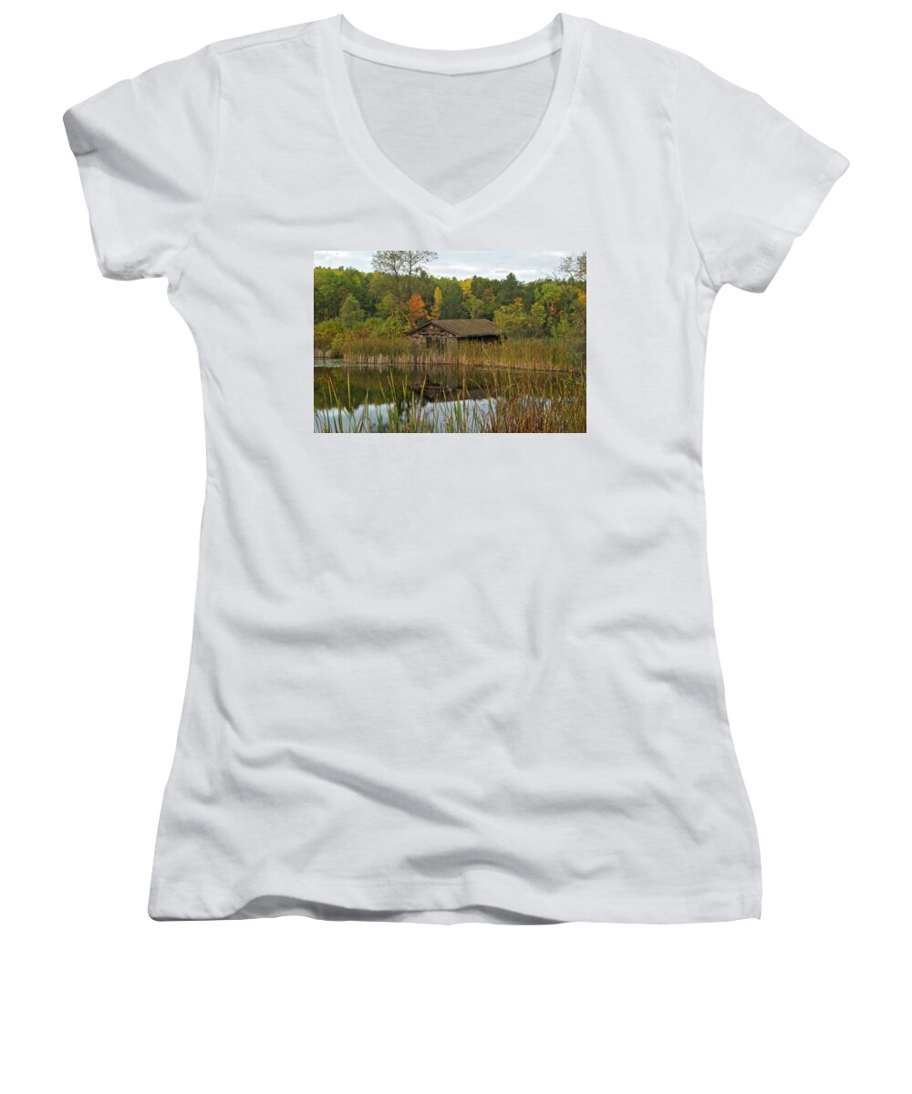 Lake Women's V-Neck featuring the photograph Old Bait Shop on Twin Lake_9626 by Michael Peychich