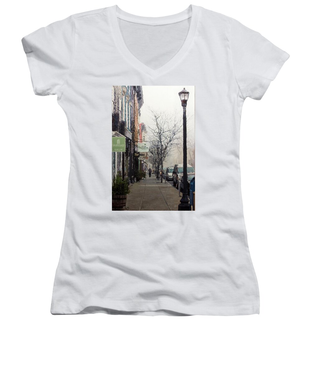 Hudson Women's V-Neck featuring the painting Olde Hudson Fog by Kenneth Young