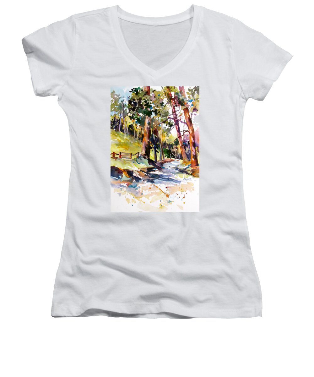Trees Women's V-Neck featuring the painting Olinda Trees Maui 2 by Rae Andrews