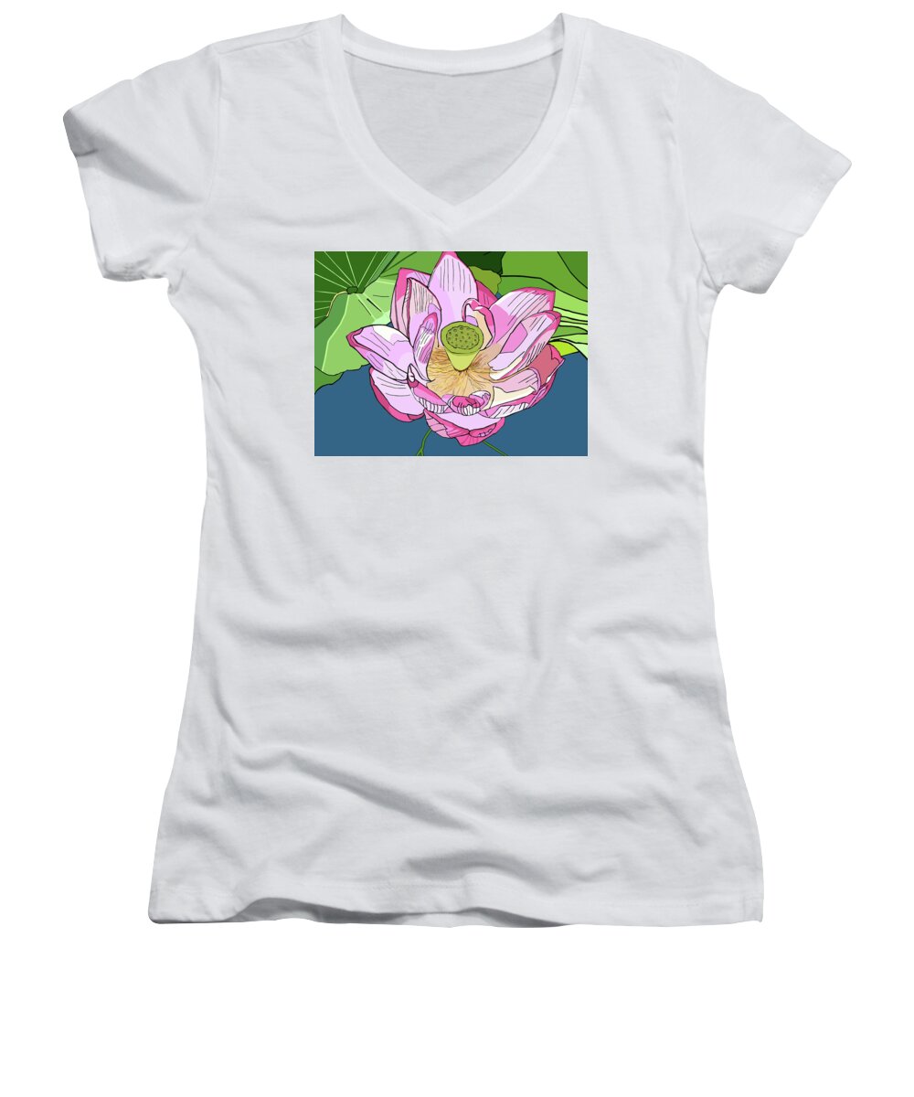 Lotus Women's V-Neck featuring the painting Open Lotus by Jamie Downs
