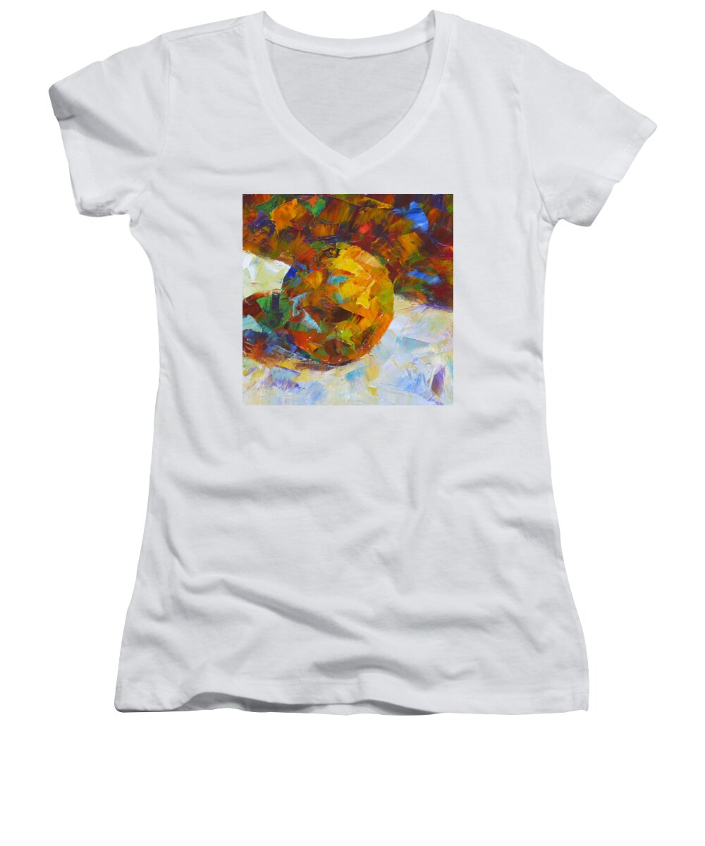 Oil Painting Women's V-Neck featuring the painting Orange Flash by Susan Woodward