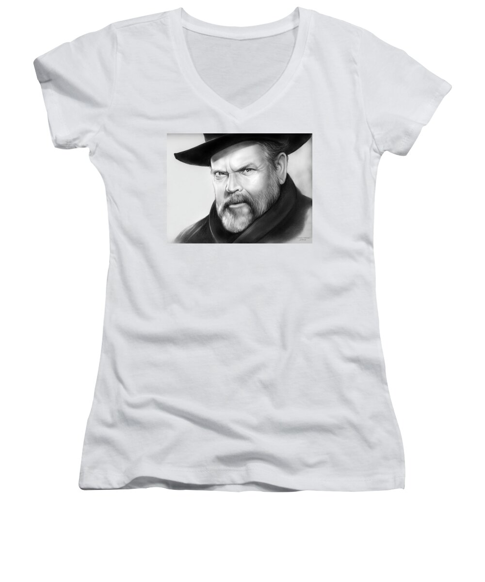 George Orson Welles Women's V-Neck featuring the drawing Orson Welles by Greg Joens