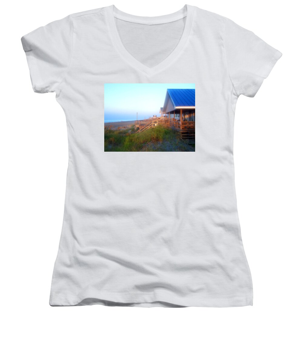 Sunrise Women's V-Neck featuring the photograph Outerbanks Sunrise At The Beach by Sandi OReilly