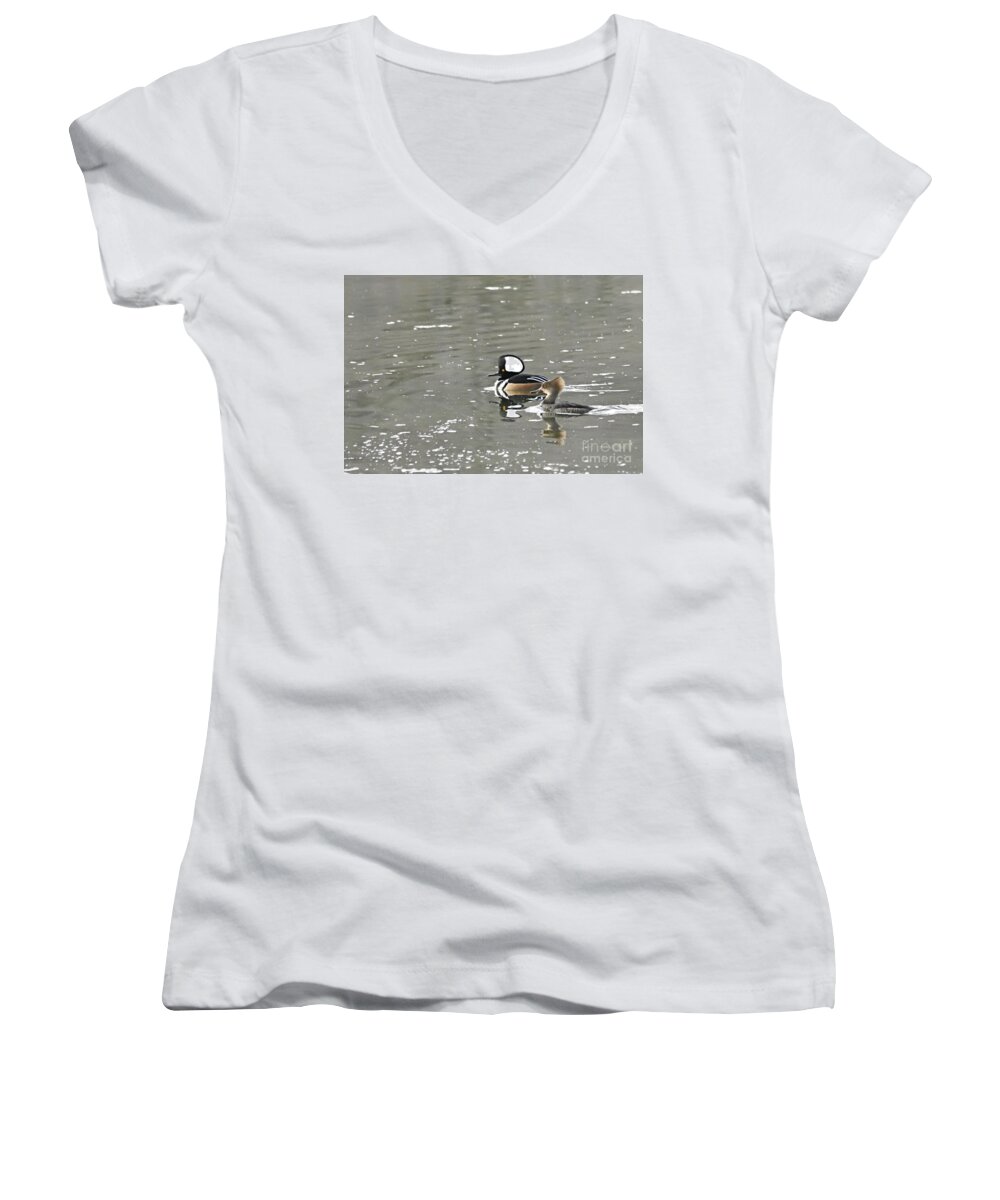 Photography Women's V-Neck featuring the photograph Pair of Hooded Mergansers by Larry Ricker