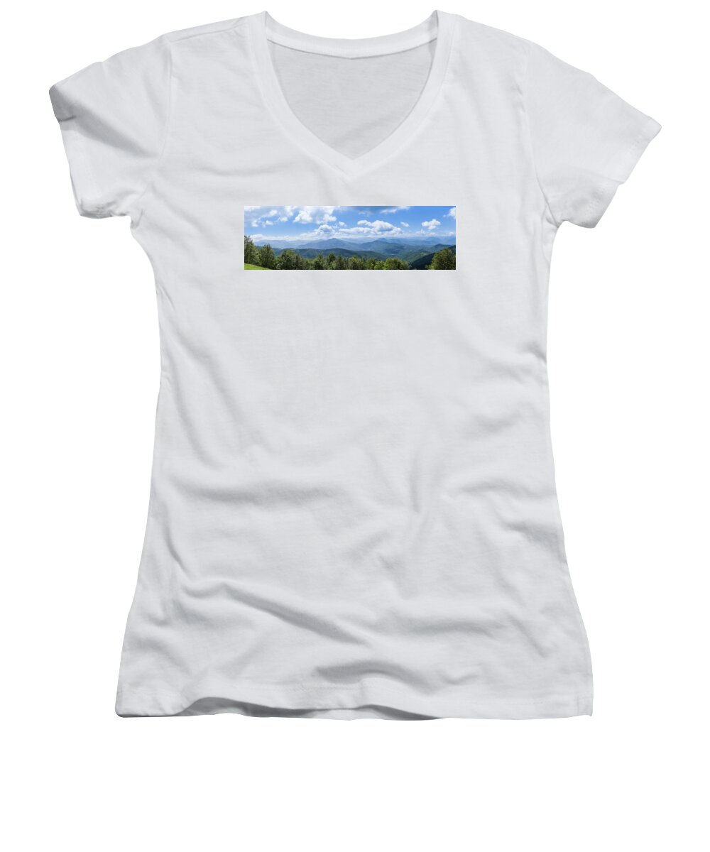 Biert Women's V-Neck featuring the photograph Panorama of the foothills of the Pyrenees in Biert by Semmick Photo