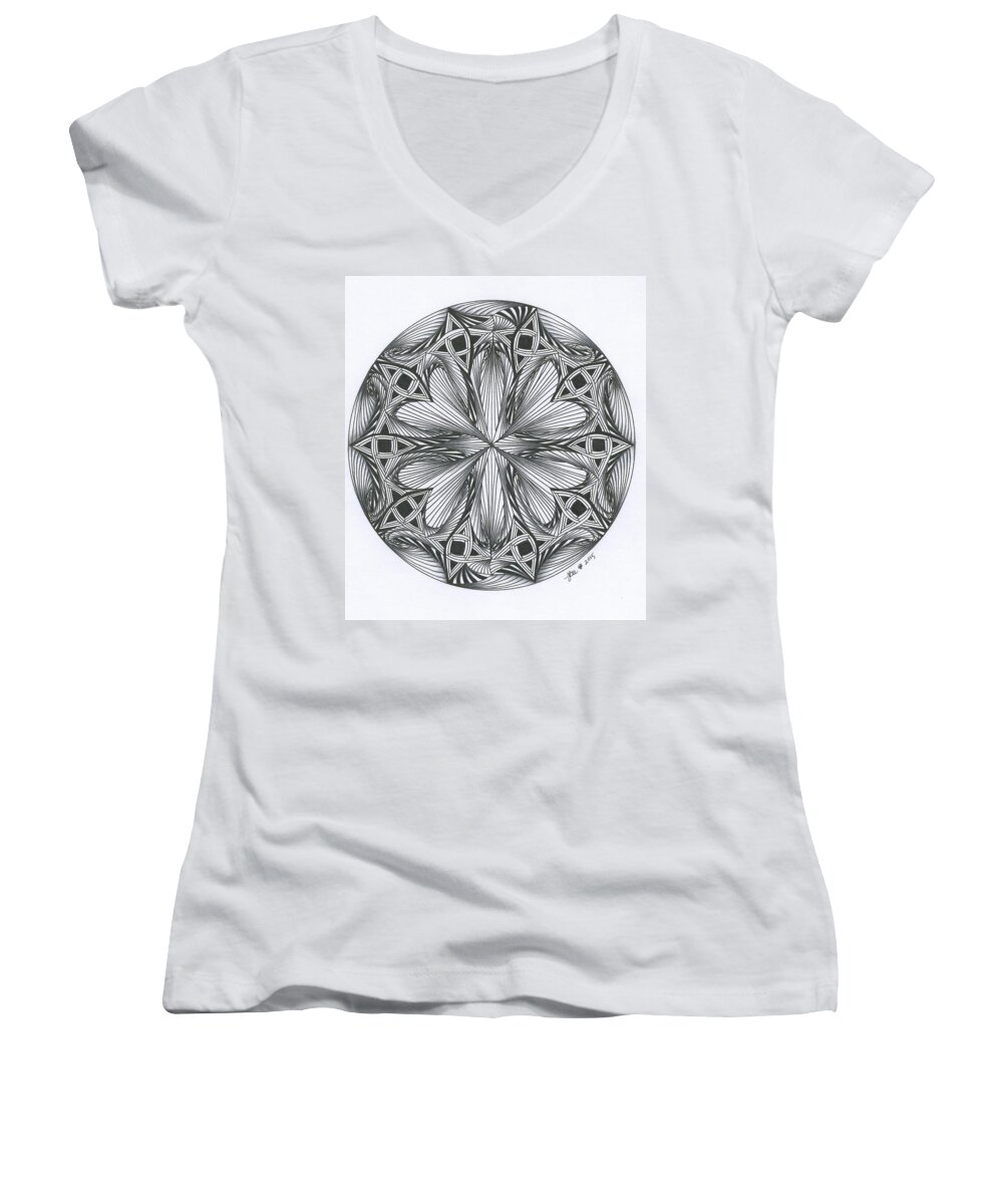 Paradox Women's V-Neck featuring the drawing Paradoxical Zendala by Jan Steinle