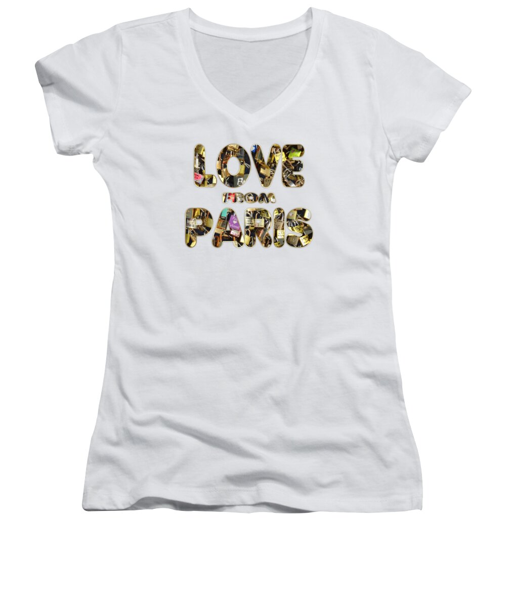 Paris France Women's V-Neck featuring the painting Paris City Of Love And Lovelocks by Georgeta Blanaru
