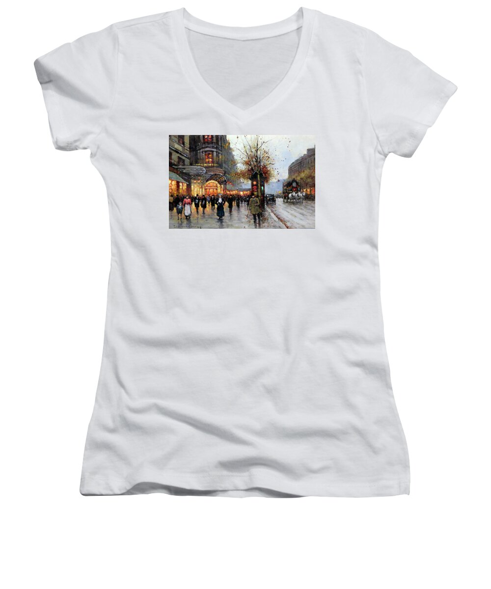 Edouard Cortes Women's V-Neck featuring the painting Paris street scene by Celestial Images