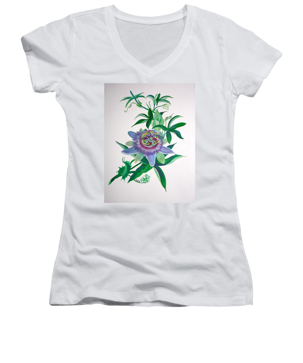 Flower Women's V-Neck featuring the painting Passion Flower by Taiche Acrylic Art