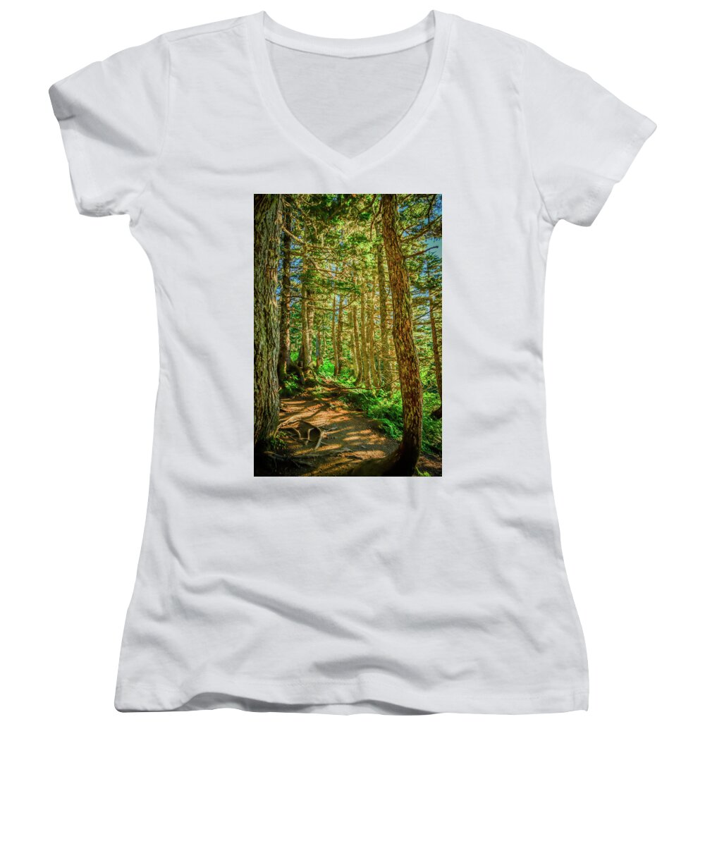 Landscape Women's V-Neck featuring the photograph Path in the Trees by Jason Brooks
