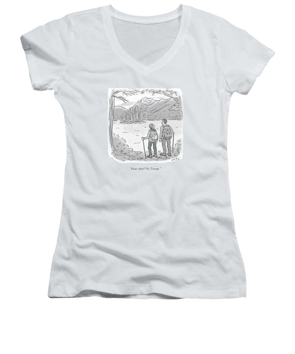 Hiking Women's V-Neck featuring the drawing Peaceful Hikers by Kim Warp