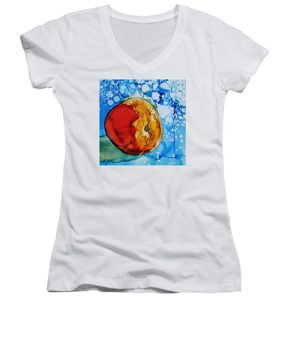 Peach Women's V-Neck featuring the painting Peach by Ruth Kamenev
