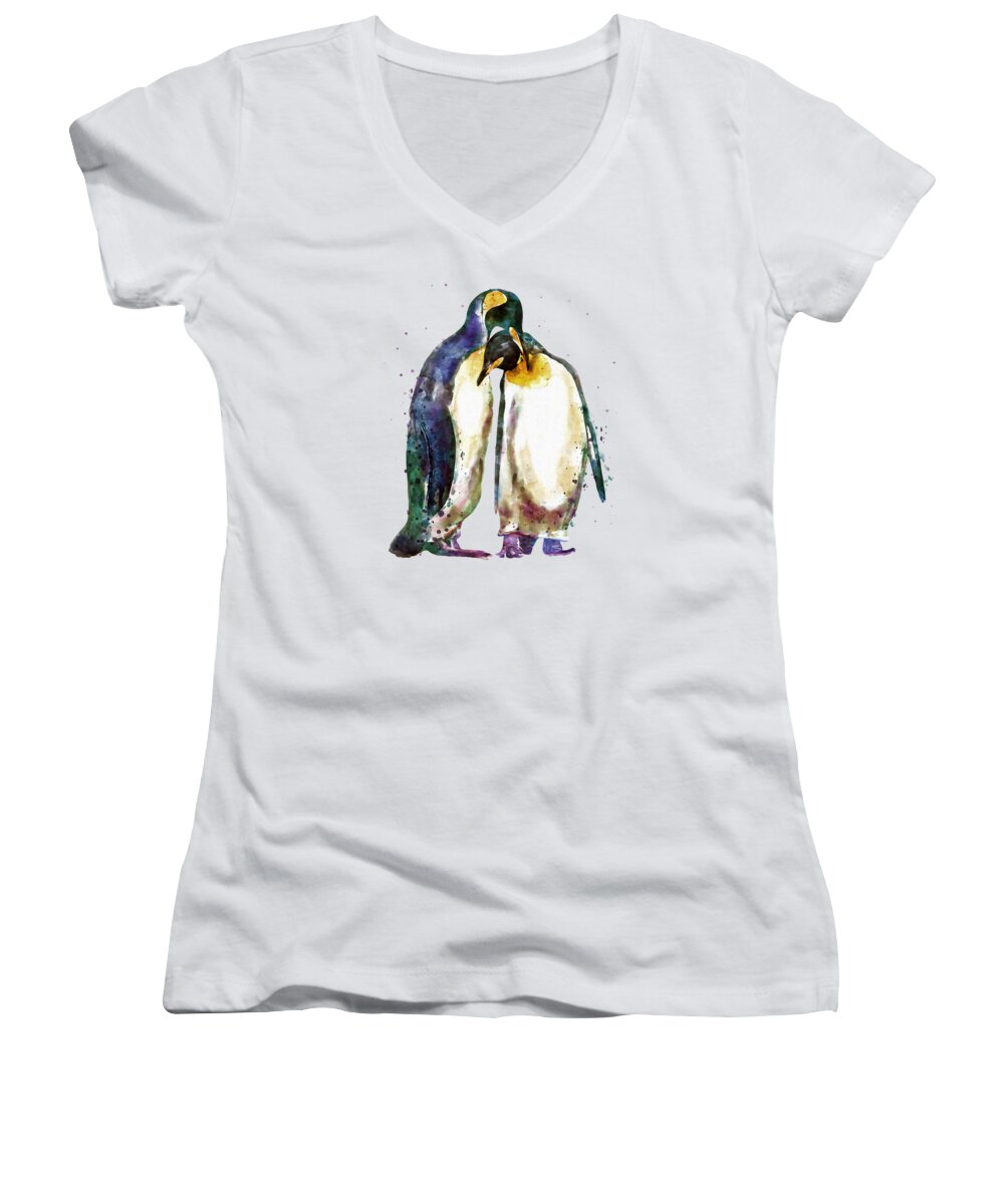 Marian Voicu Women's V-Neck featuring the painting Penguin Couple by Marian Voicu