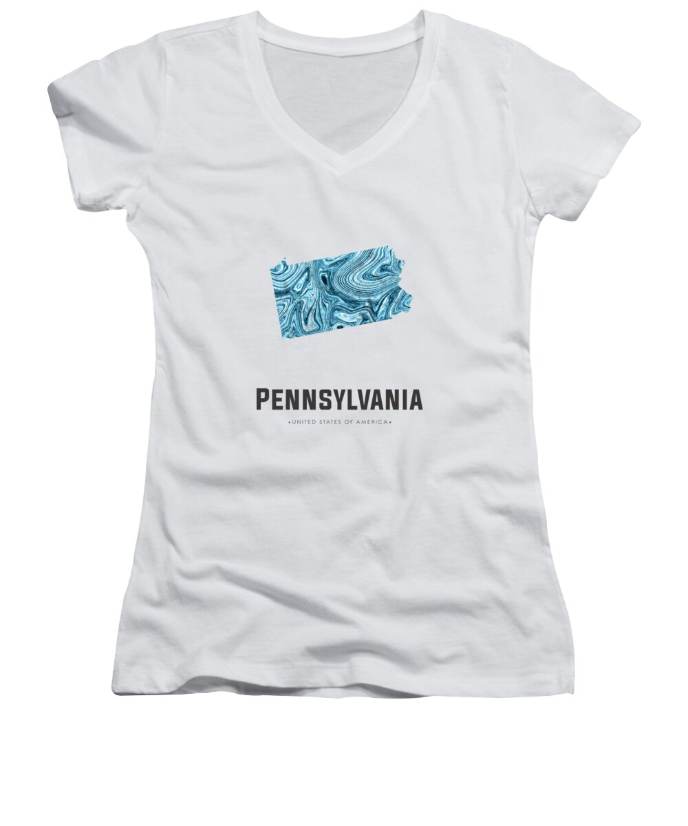Pennsylvania Women's V-Neck featuring the mixed media Pennsylvania Map Art Abstract in Blue by Studio Grafiikka