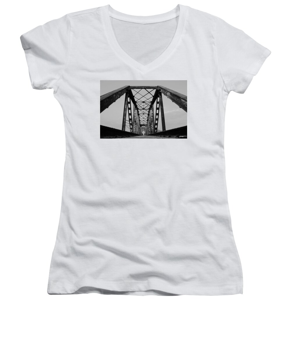 Union Pacific Women's V-Neck featuring the photograph Pennsylvania Steel Co. Railroad Bridge by Nathan Little