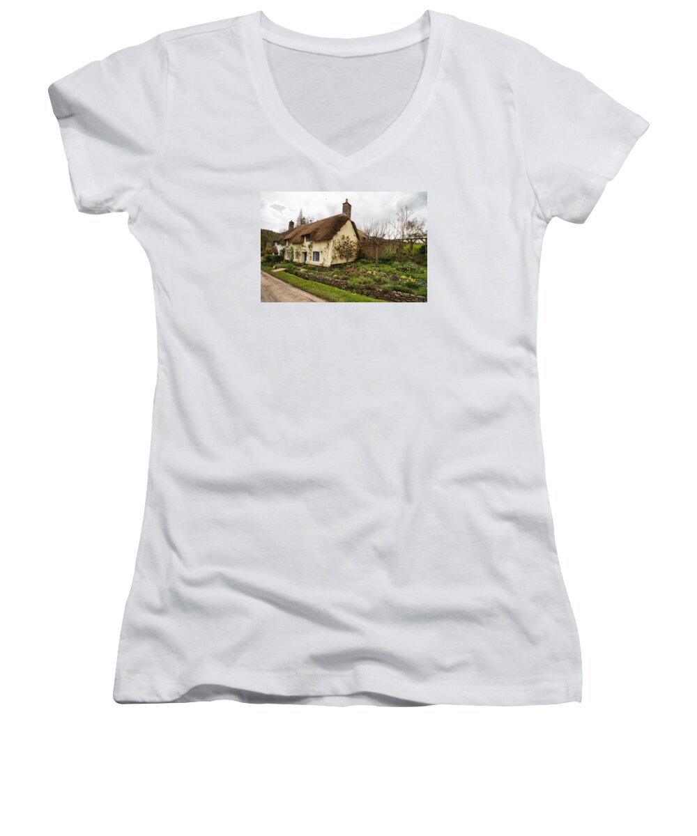 England Women's V-Neck featuring the photograph Picturesque Dunster cottage by Shirley Mitchell