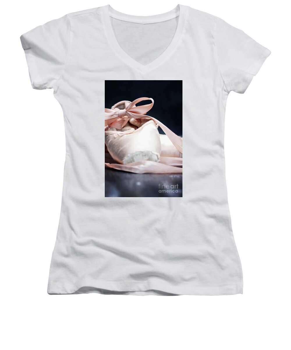 Ballerina Women's V-Neck featuring the photograph Pink Ballerina Pointe Shoes by Stephanie Frey