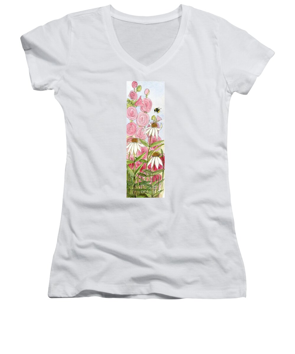 Hollyhock Women's V-Neck featuring the painting Pink Hollyhock and White Coneflowers by Laurie Rohner