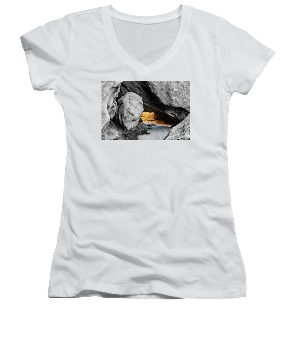 Cave Women's V-Neck featuring the photograph Pirate's Cave, Black and White and Gold by Adam Morsa