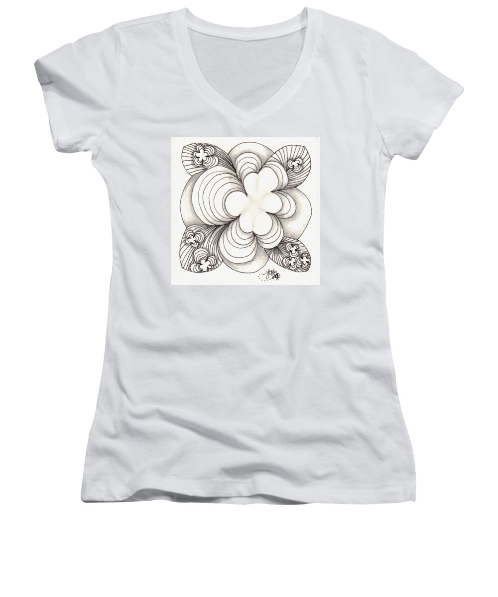 Zentangle Women's V-Neck featuring the drawing Popcloud Blossom by Jan Steinle