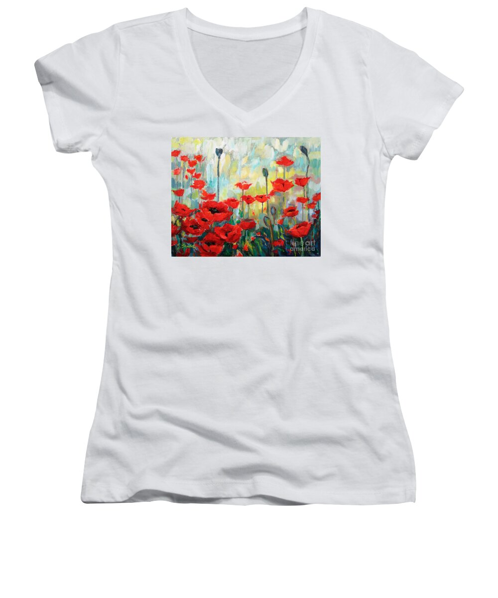 Floral Women's V-Neck featuring the painting Poppies in Bloom by Jennifer Beaudet