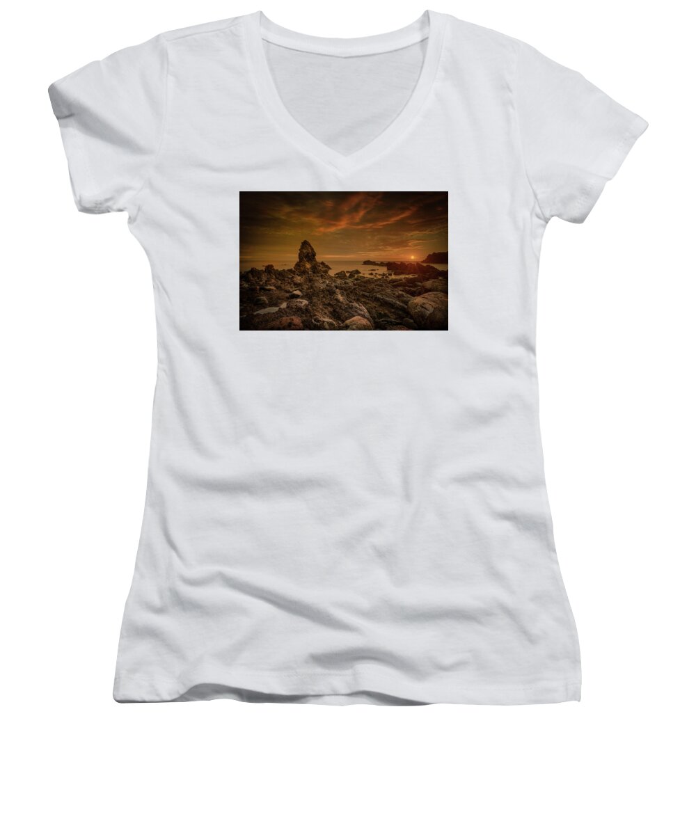 Anglesey Women's V-Neck featuring the photograph Porth Saint Beach at Sunset. by Andy Astbury