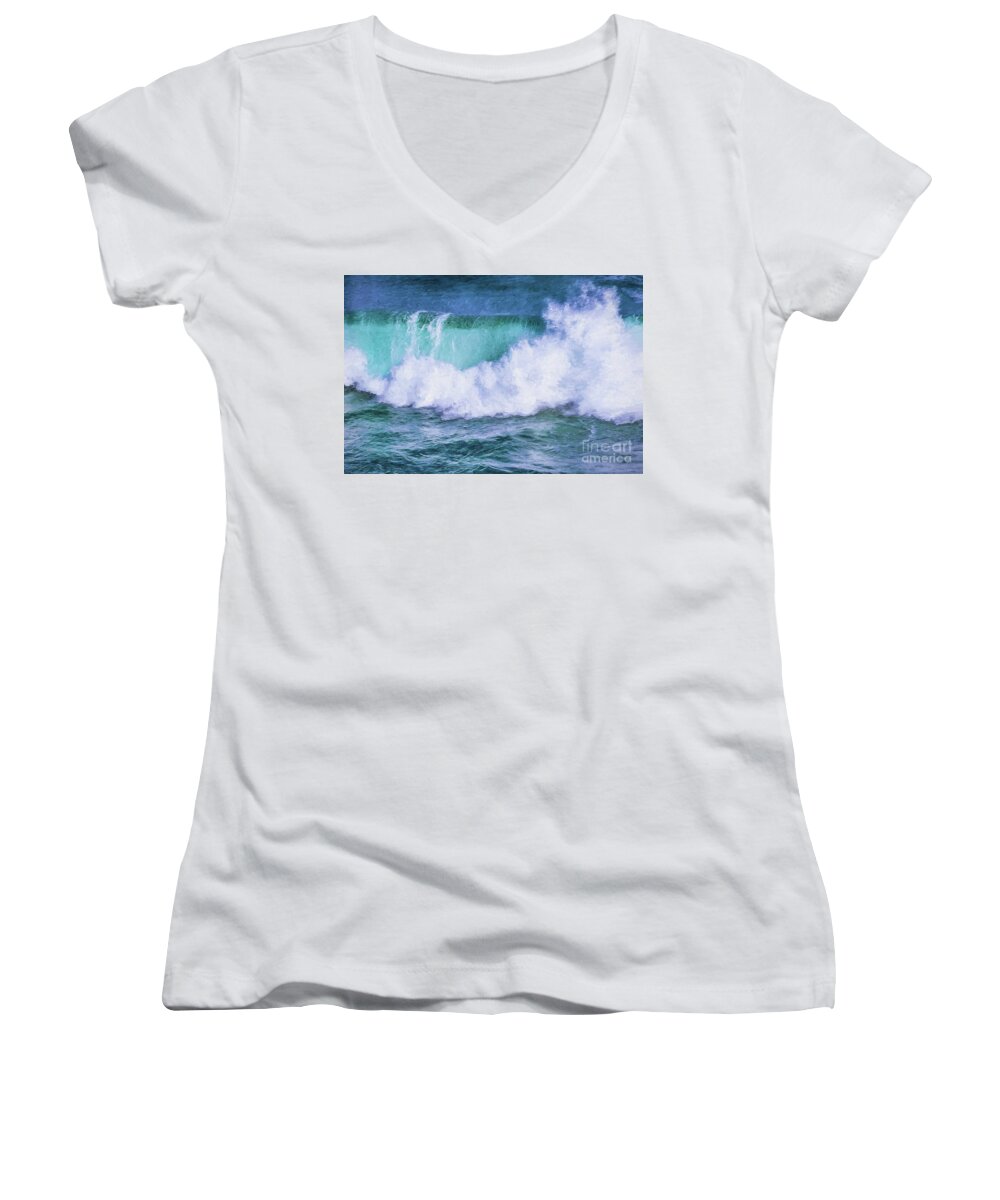 Aquamarine Women's V-Neck featuring the digital art Portrait of a wave by Howard Ferrier