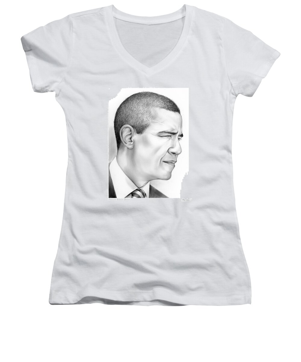 President Women's V-Neck featuring the drawing President Obama by Greg Joens