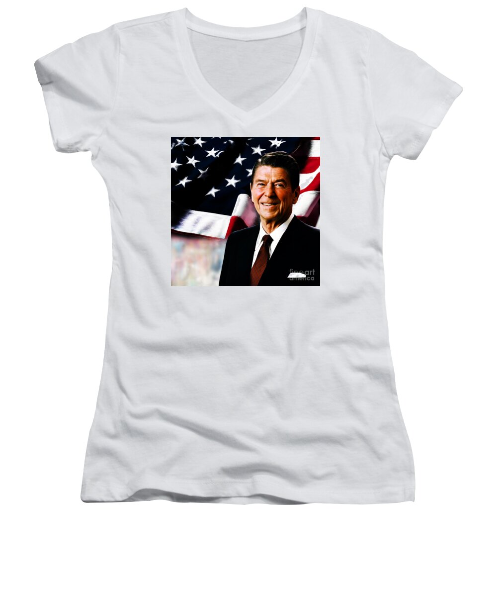 Canvas Print Women's V-Neck featuring the painting President Ronald Reagan by Gull G