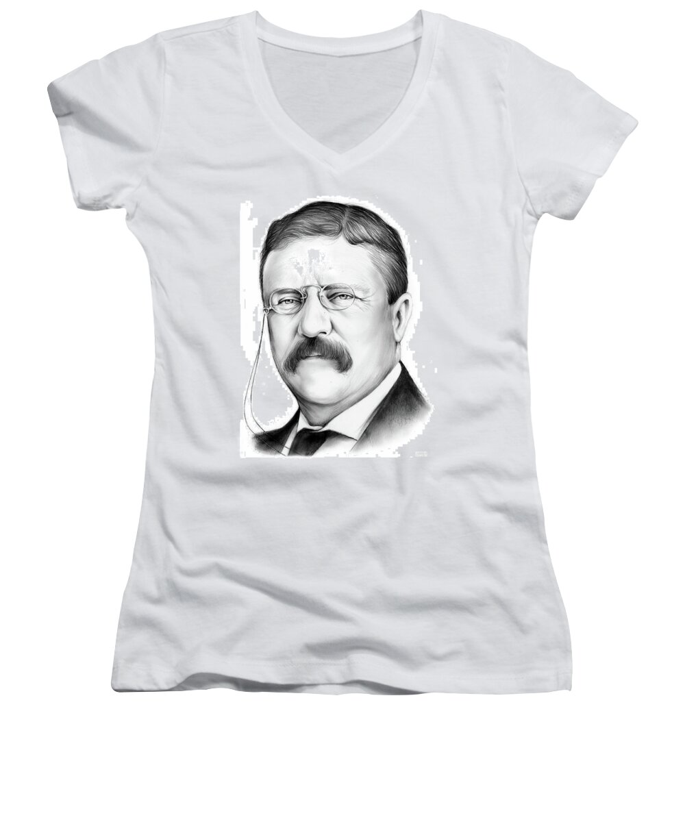 Theodore Roosevelt Women's V-Neck featuring the drawing President Theodore Roosevelt by Greg Joens