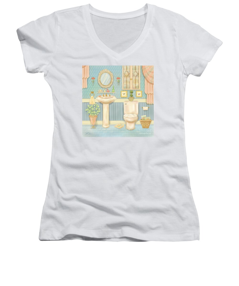 Room Women's V-Neck featuring the mixed media Pretty Bathrooms IV by Shari Warren