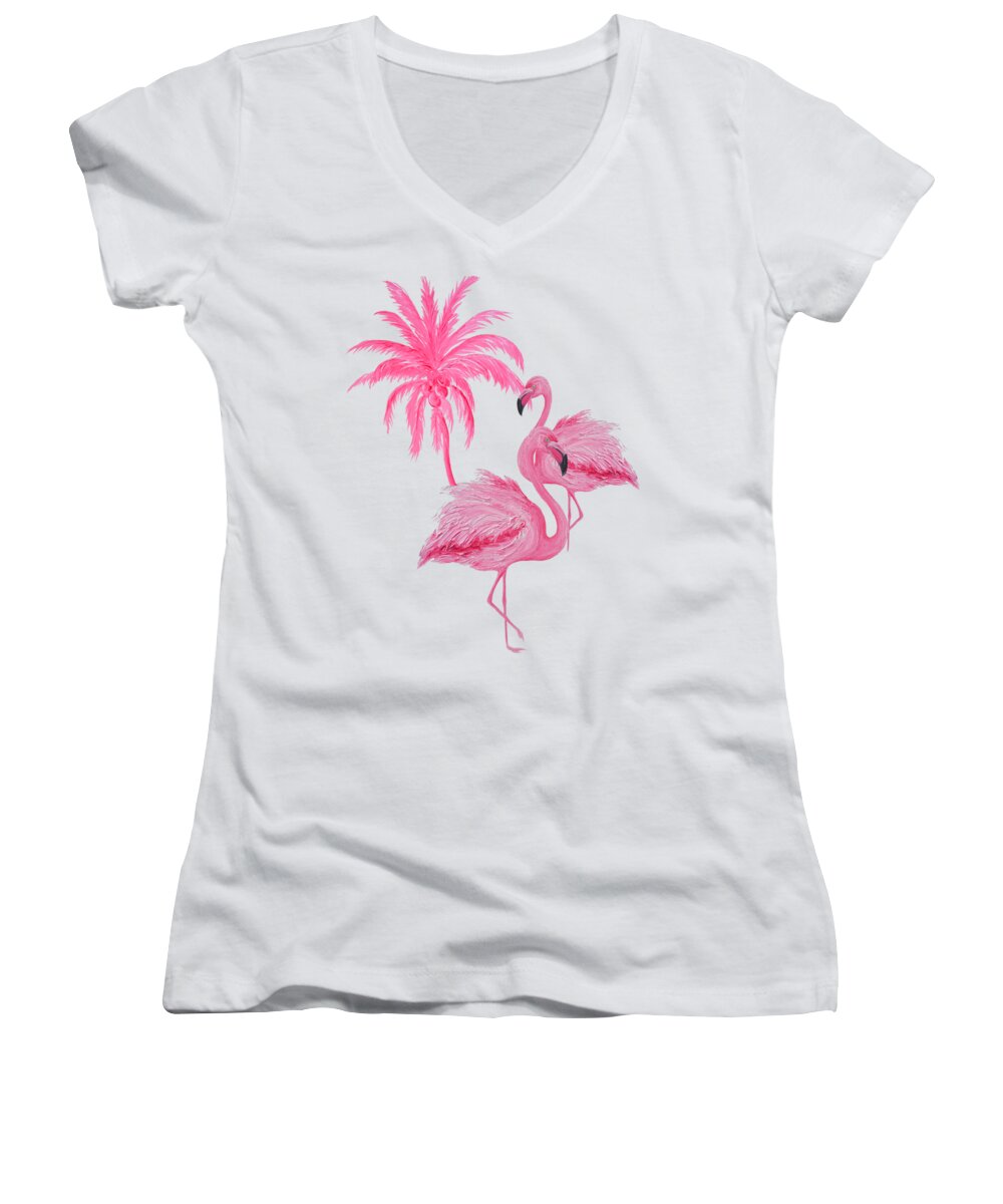 Flamingo Women's V-Neck featuring the painting Pretty Flamingos by Jan Matson