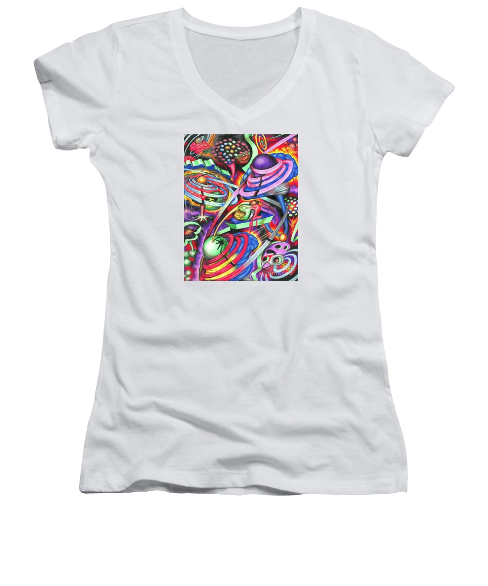 Space Women's V-Neck featuring the drawing Pulsating Ripples of Cosmic Gray Matter by Justin Jenkins