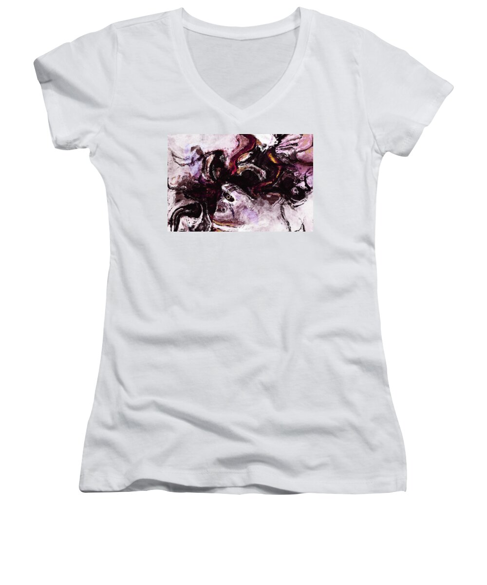 Abstract Women's V-Neck featuring the painting Purple Abstract Painting / Surrealist Art by Inspirowl Design