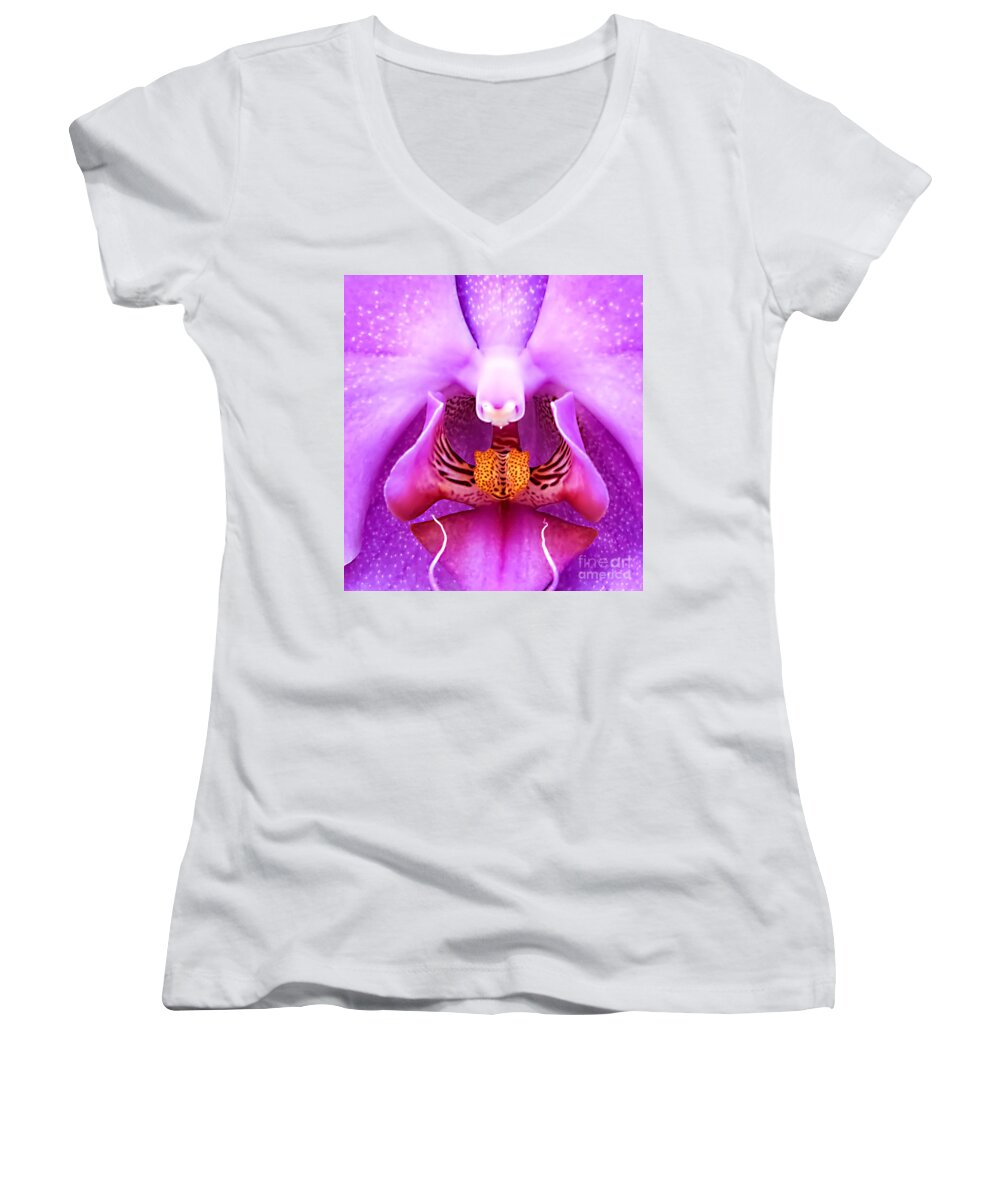 Purple Women's V-Neck featuring the photograph Purple face in the Orchid. by Barry Weiss