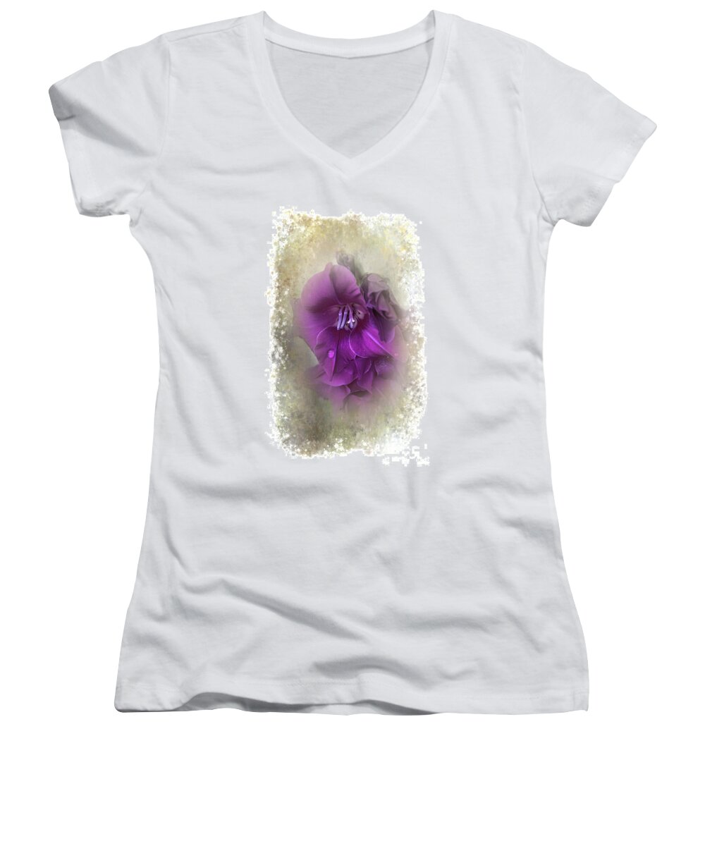 Gladiola Women's V-Neck featuring the photograph Purple Gladiolas by Judy Hall-Folde