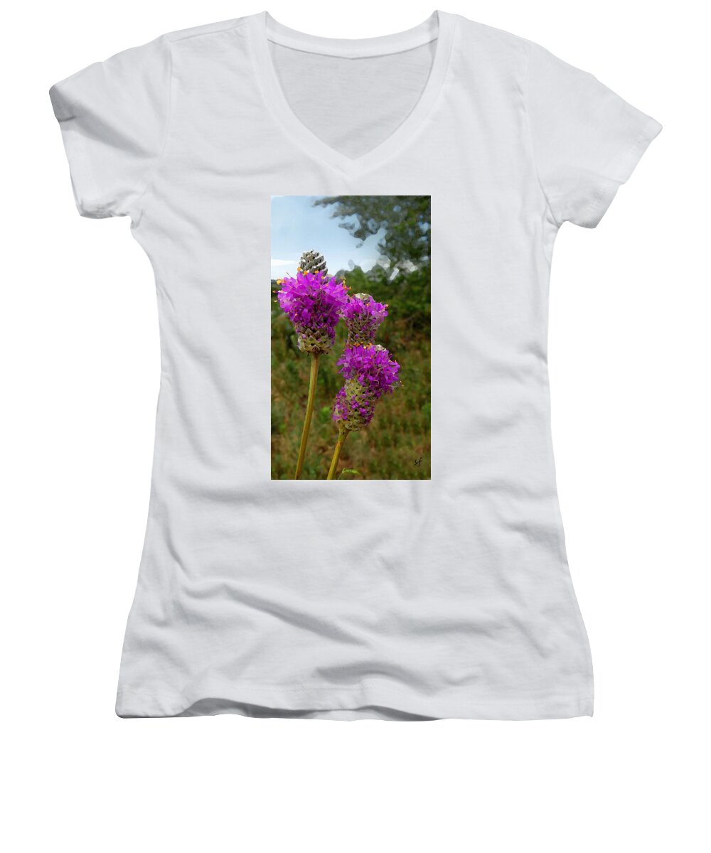 Botanical Women's V-Neck featuring the mixed media Purple Prairie Clover by Shelli Fitzpatrick
