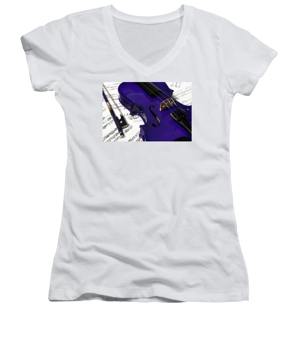 Helen Northcott Women's V-Neck featuring the photograph Purple Violin and Music v by Helen Jackson