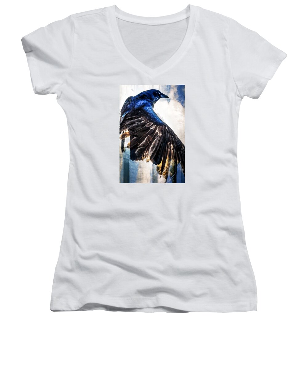 Grackle Women's V-Neck featuring the photograph Raven Attitude by Carolyn Marshall