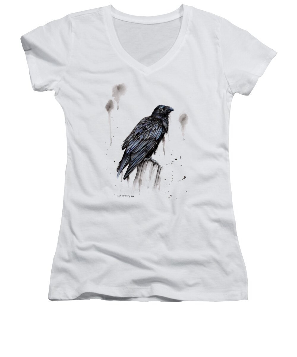 Raven Women's V-Neck featuring the drawing Raven by Sarah Stribbling