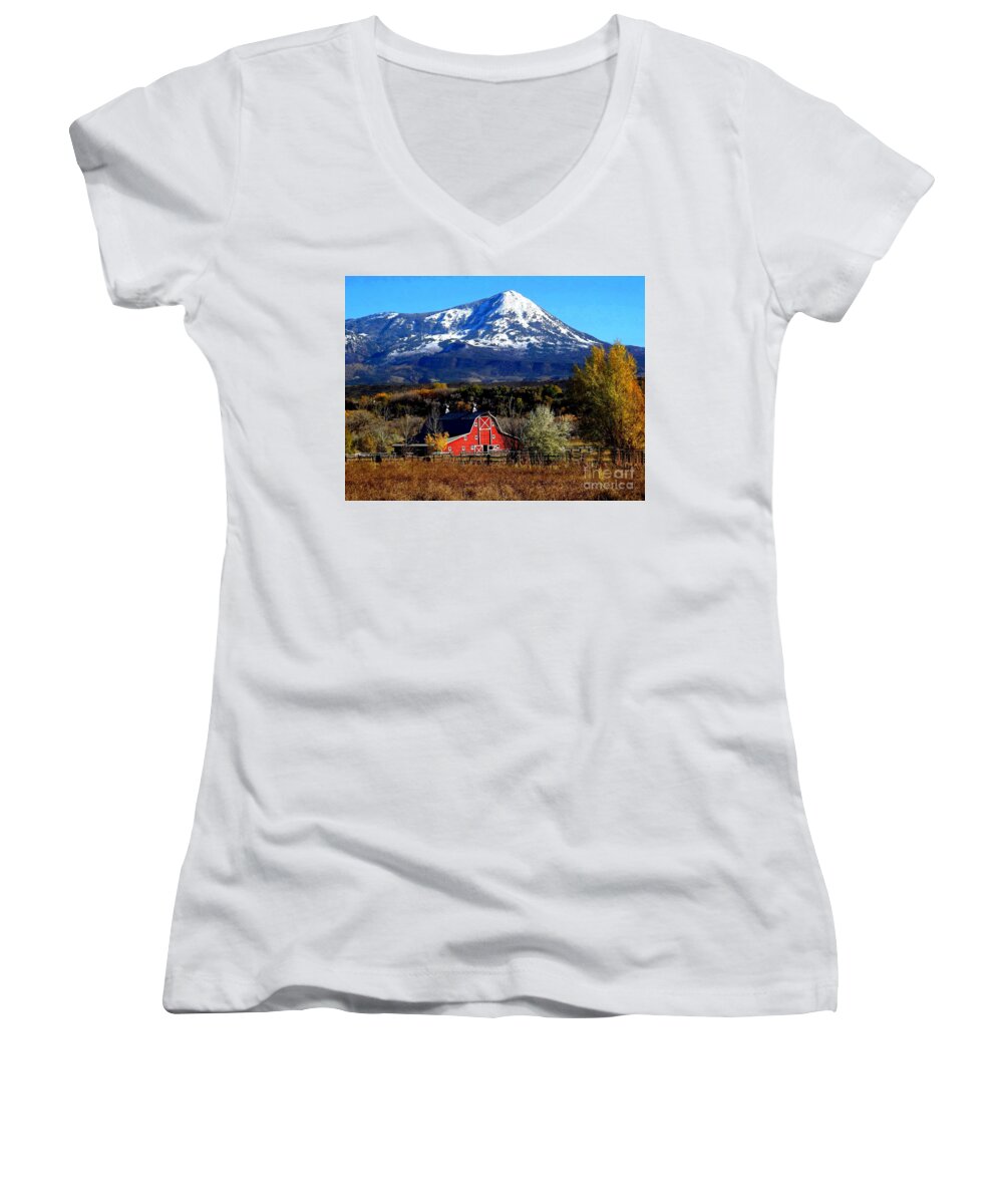 First Snow Sets Off Peak With Red Barn In Fore Ground Paonia Colorado Women's V-Neck featuring the digital art Red Barn in Paonia Colorado by Annie Gibbons