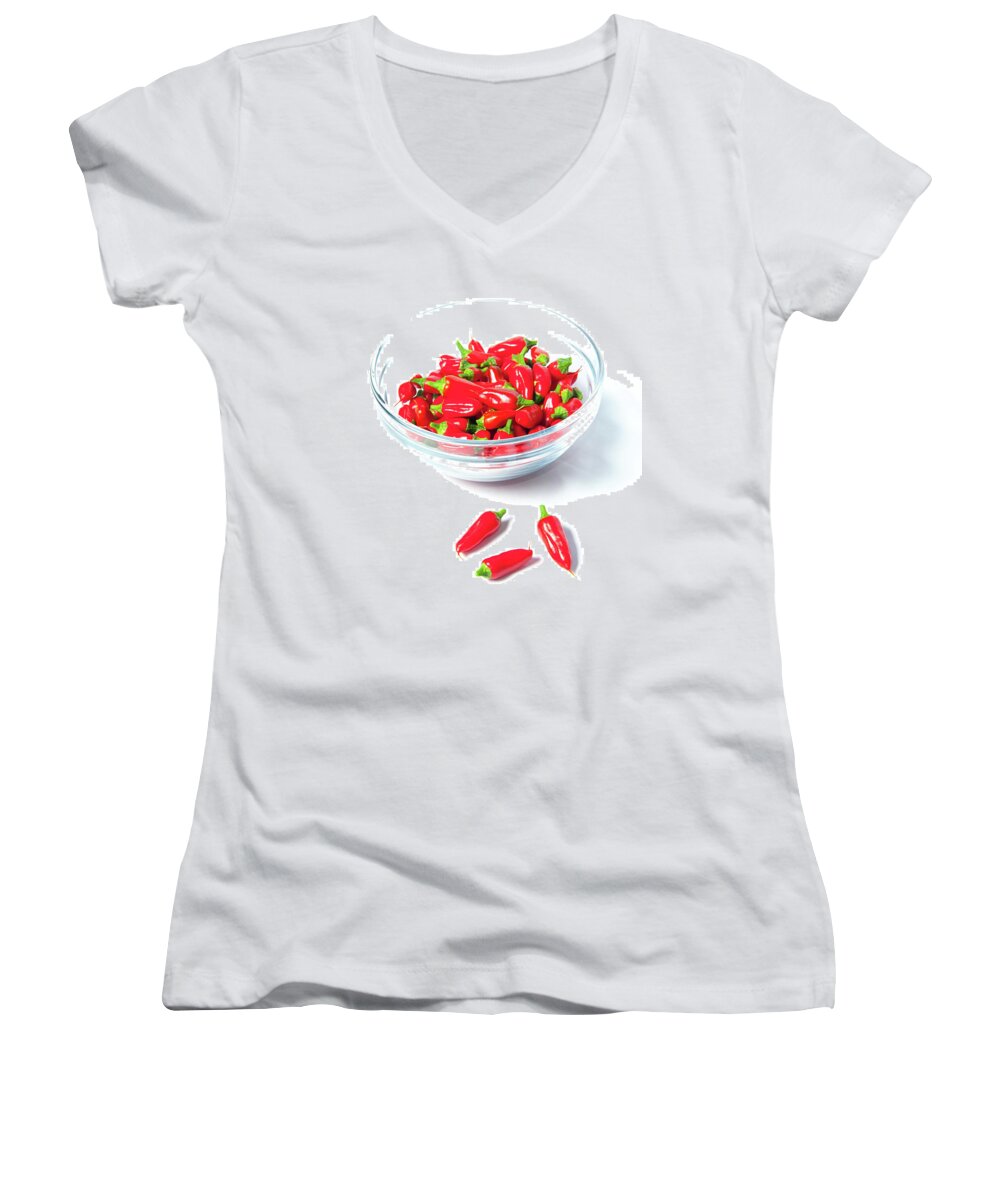 Red Chillies Women's V-Neck featuring the photograph Red Chillies in a Bowl ii by Helen Jackson