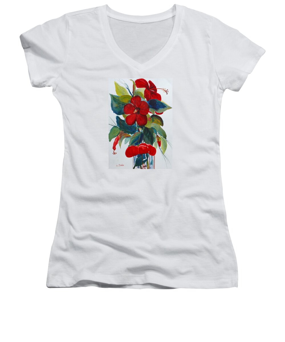 Hibiscus Women's V-Neck featuring the painting Red Dance by Susan Duda