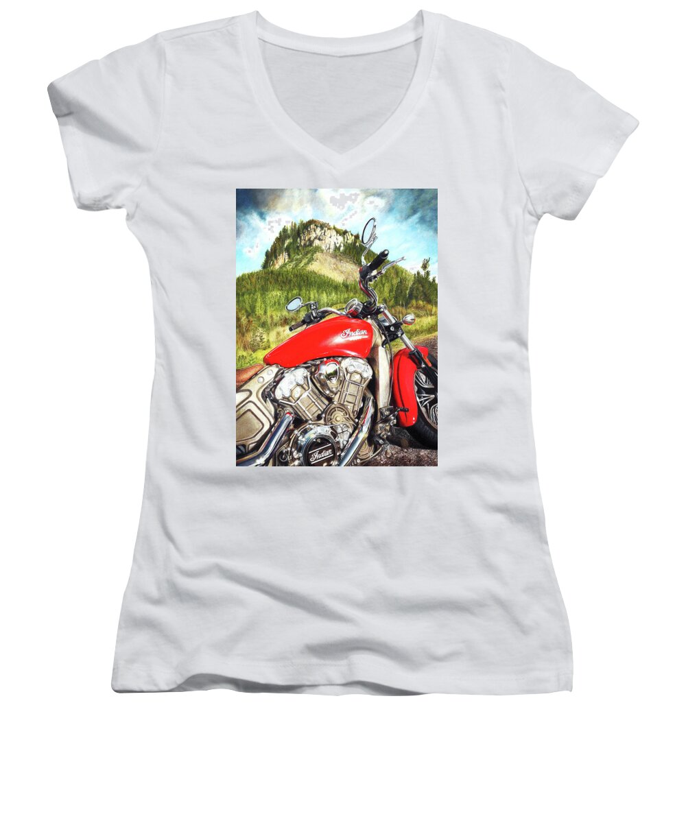 Indian Women's V-Neck featuring the drawing Red Indian Summer by Peter Williams