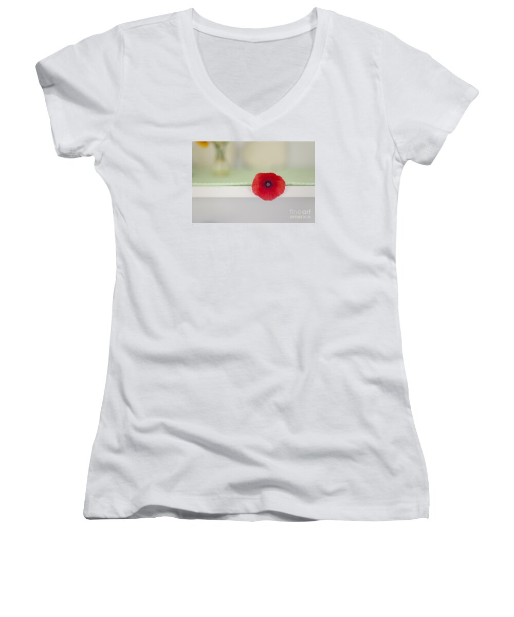 Poppy Women's V-Neck featuring the photograph Red Poppy on Windowsill by Susan Gary
