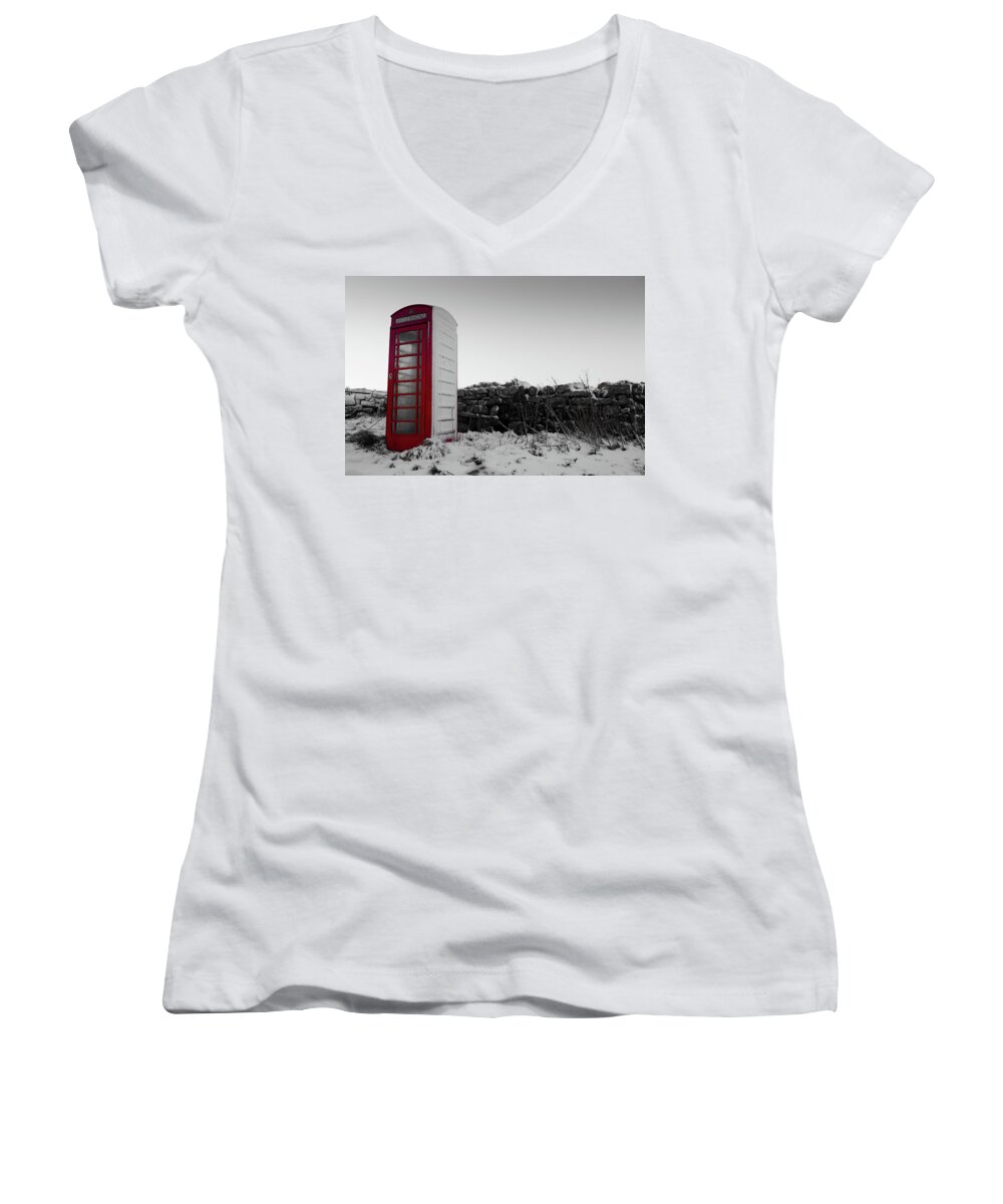 Red Telephone Box Women's V-Neck featuring the photograph Red Telephone Box in the Snow vi by Helen Jackson