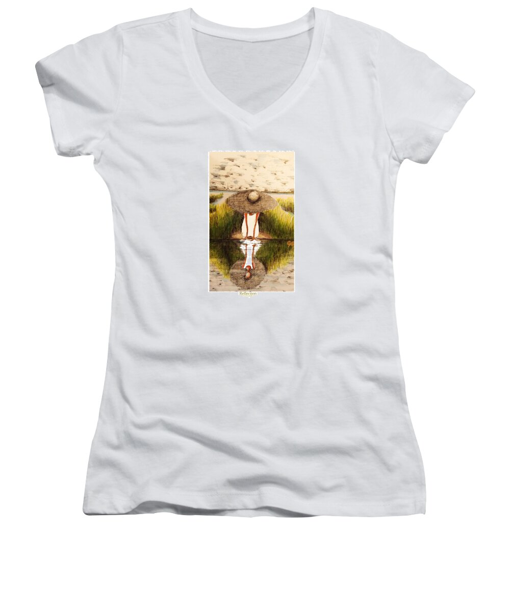 Hat Women's V-Neck featuring the mixed media Reflection by C F Legette