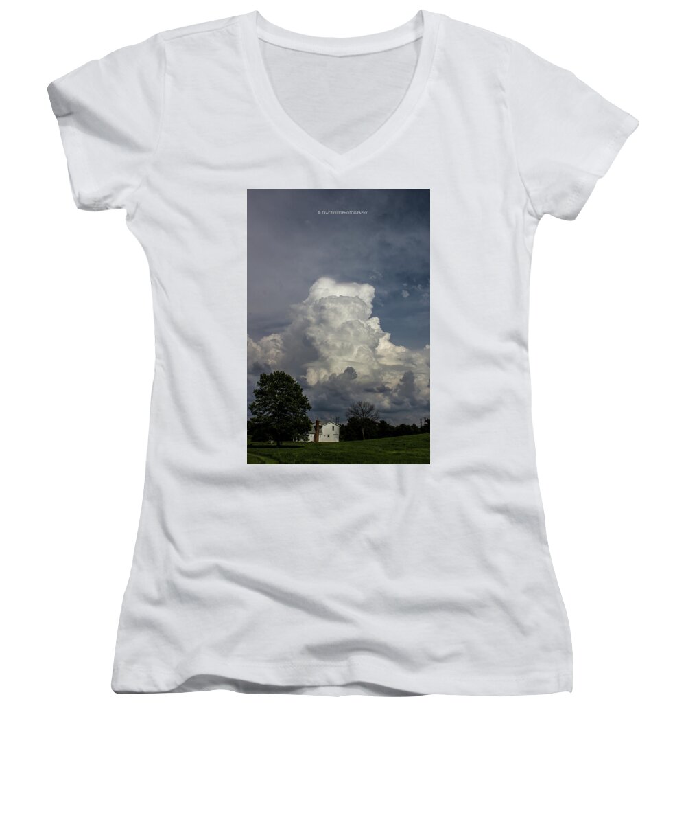 Cloud Women's V-Neck featuring the photograph Regal Tower by Tracey Rees