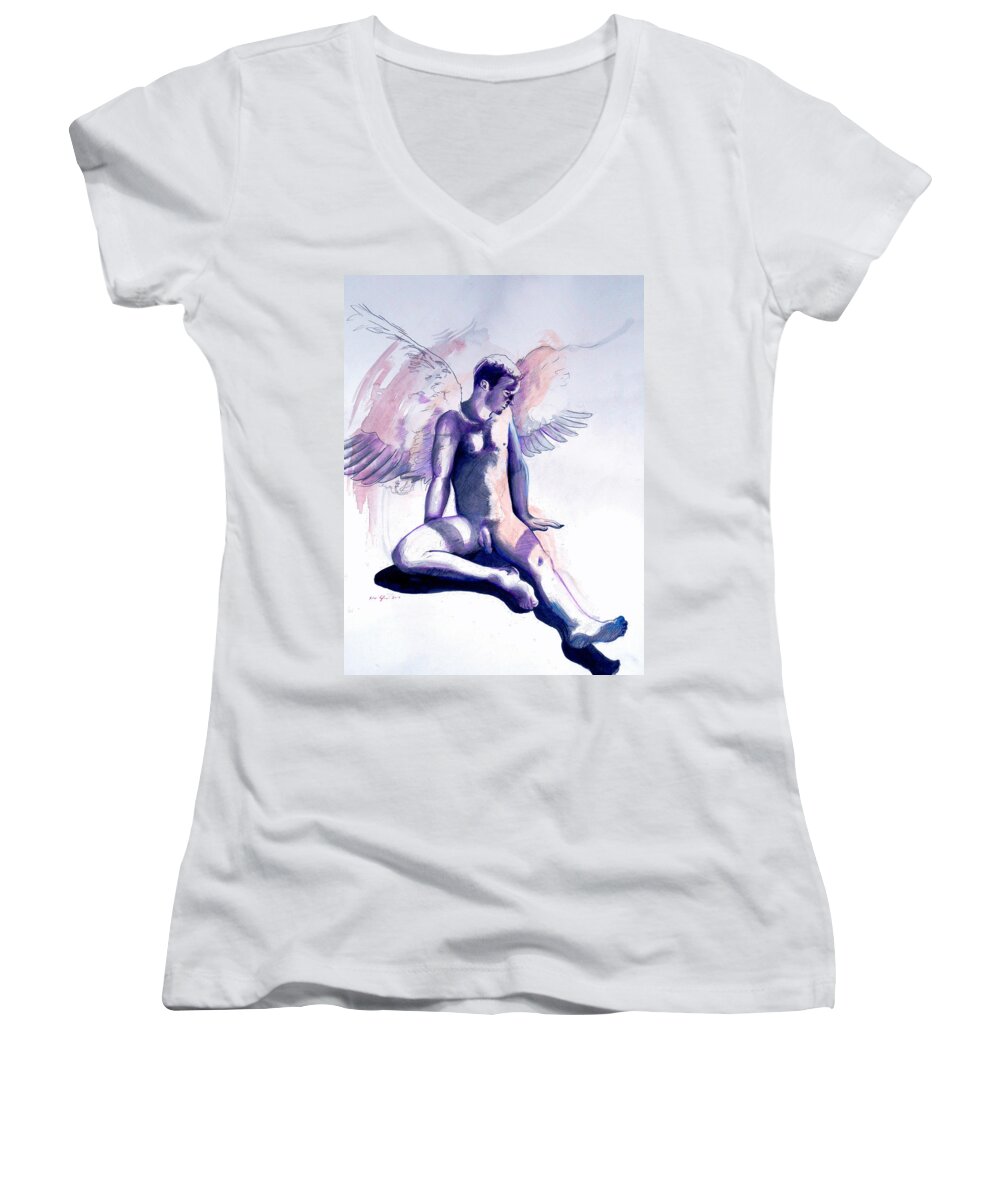 Angels Women's V-Neck featuring the painting Resting Angel by Rene Capone