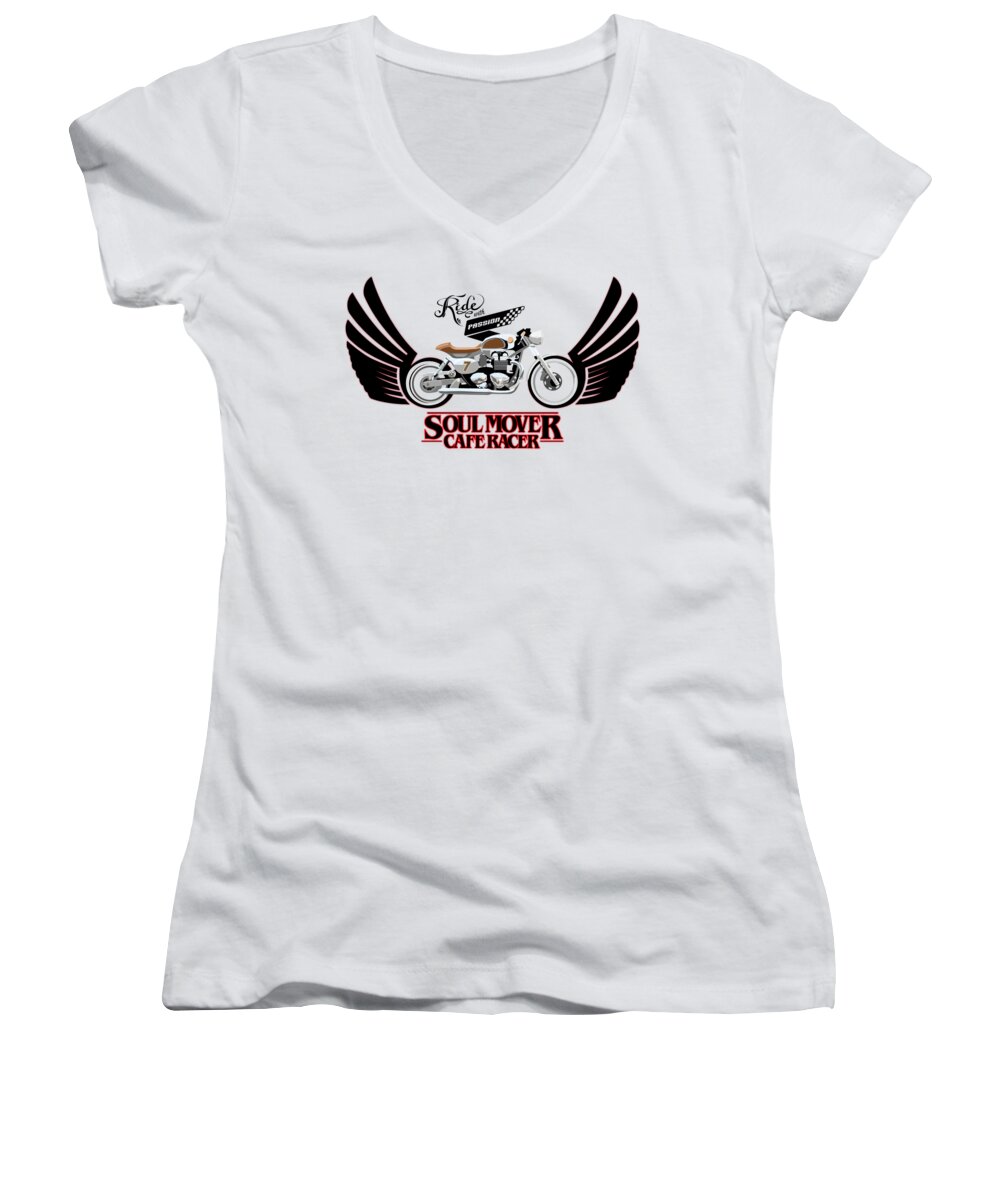 Typography Women's V-Neck featuring the painting Ride with Passion cafe racer by Sassan Filsoof